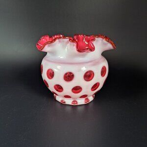 Fenton Coin Dot Cranberry Ruffled Glass Vase Vintage